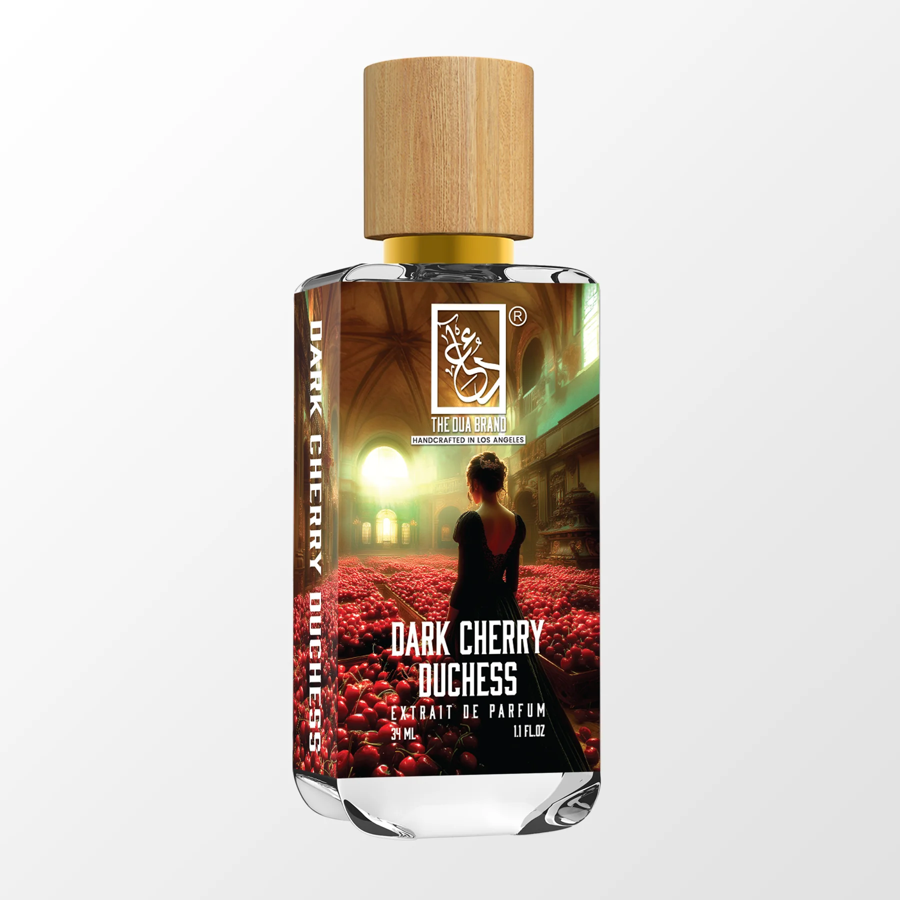 Sprühkopf und Flakon von The Dua Brand Dark Cherry Duchess – intensives Extrait de Parfum mit Kirsche, Marzipan und pudriger Iris, elegant und langanhaltend