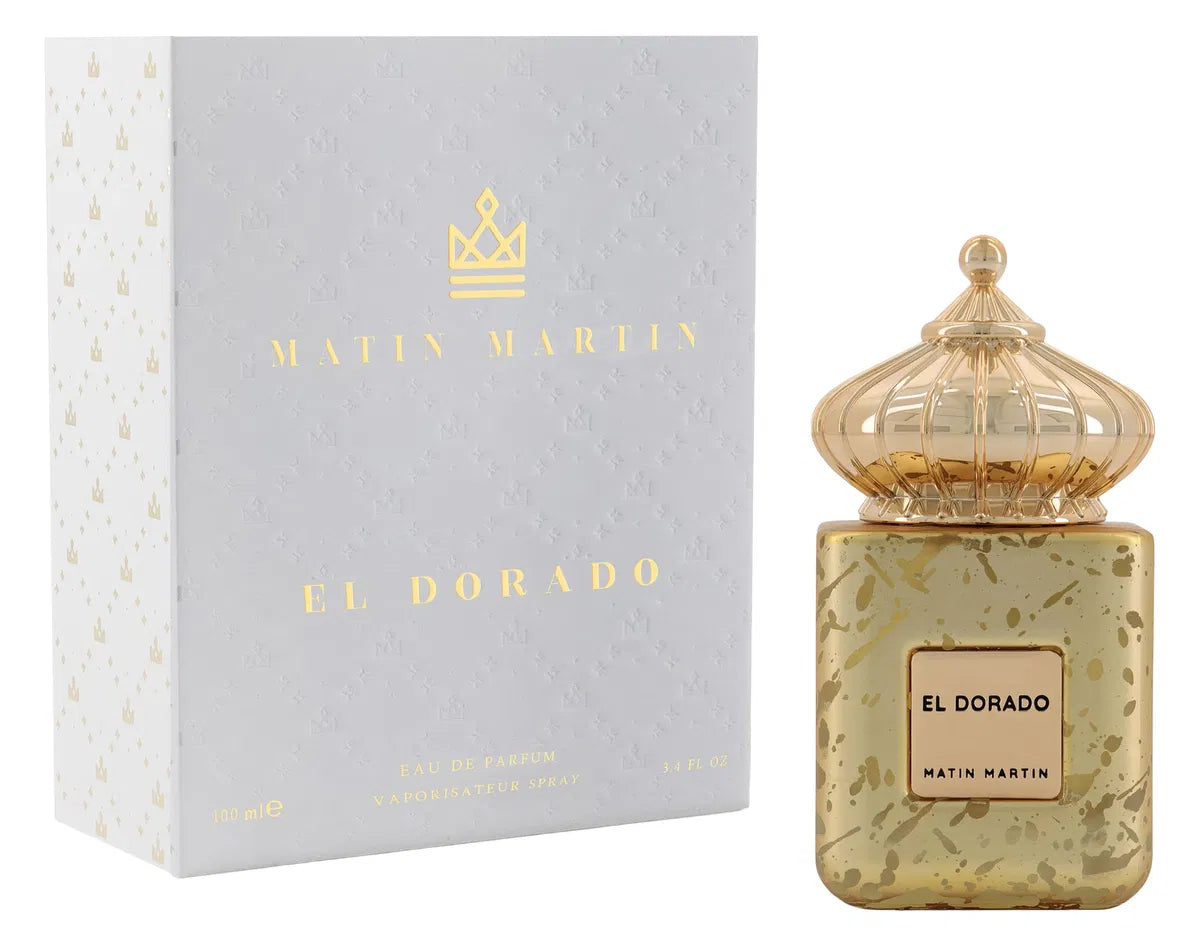 „Matin Martin El Dorado 100 ml als stilvolles Unisex-Parfum in luxuriöser Präsentation – fruchtig-warmer Duft mit Jasmin, Osmanthus, Pfirsich und Sandelholz. Ideal für Liebhaber moderner Nischendüfte.“