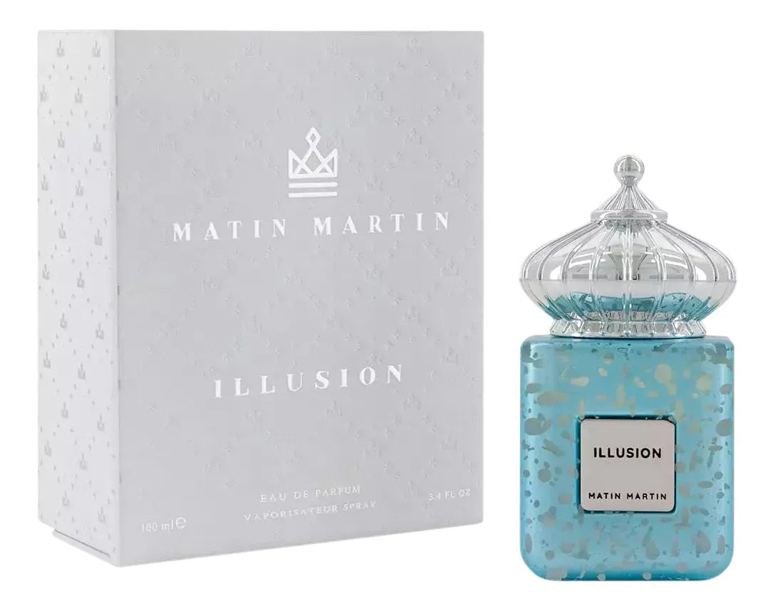 „Matin Martin Illusion 100 ml als moderner Unisex-Duft – frische Bergamotte, weiche florale Noten und warme Amber-Vanille-Basis. Luxuriöse Präsentation eines Nischenparfums.“