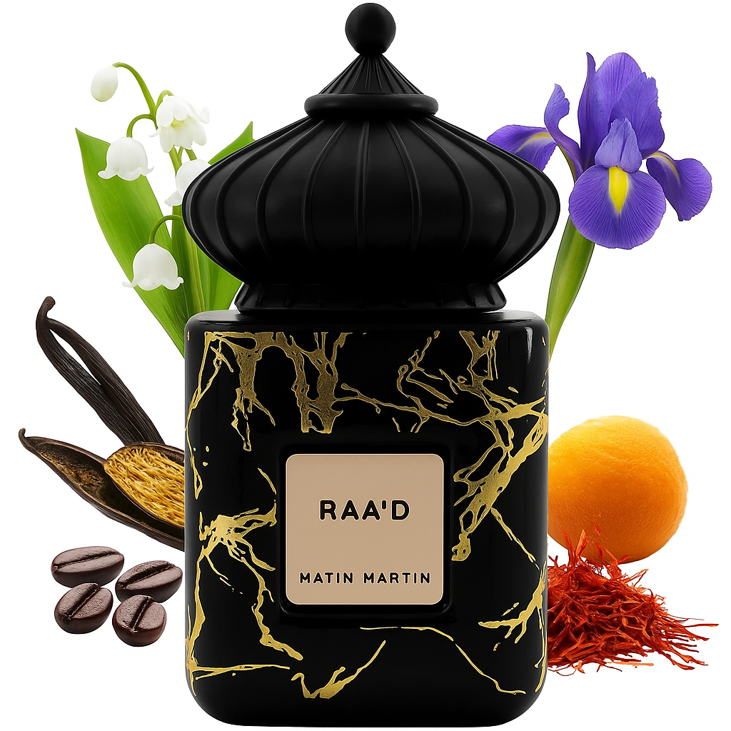 „Detailfoto des Matin Martin Raa’d Eau de Parfum – edler Unisex-Flakon mit Noten von Kaffeeblüte, Muskat, Iris, Amber, Tonkabohne und Vanille.“