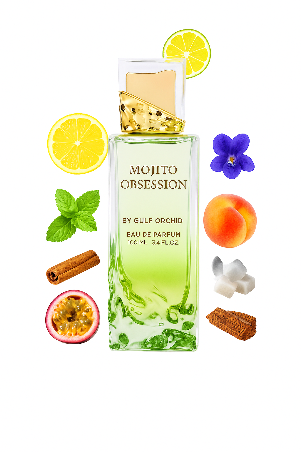 Gulf Orchid Mojito Obsession Duftnoten – Zitrone, Kardamom, Minze, Zimt, Passionsfrucht und Pfirsich in der Kopfnote. Amber, Veilchen und weiße Blüten im Herzen, abgerundet durch Moschus, Zedernholz, Weihrauch und Zucker. Frisch, holzig, sinnlich.