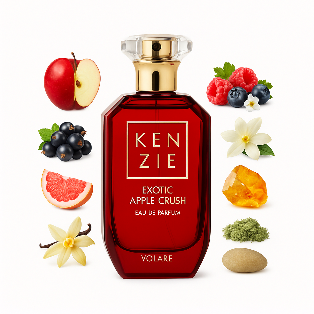Kenzie Exotic Apple Crush Parfum – roter Glasflakon mit goldener Kappe, elegantes Design für moderne Duftliebhaber