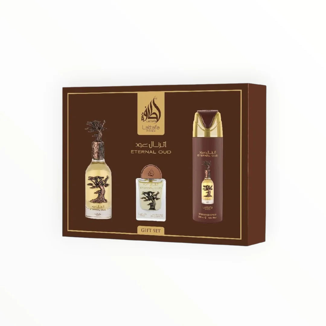 Lattafa Eternal Oud 3er Geschenkset – luxuriöses orientalisches Parfum-Set mit Eau de Parfum, Travel Size und Body Spray – edler Oud-Duft mit Safran, Rose, Amber und Vanille – Unisex Duft – exklusives Lattafa Pride Design – jetzt erhältlich bei Leon Absolute.