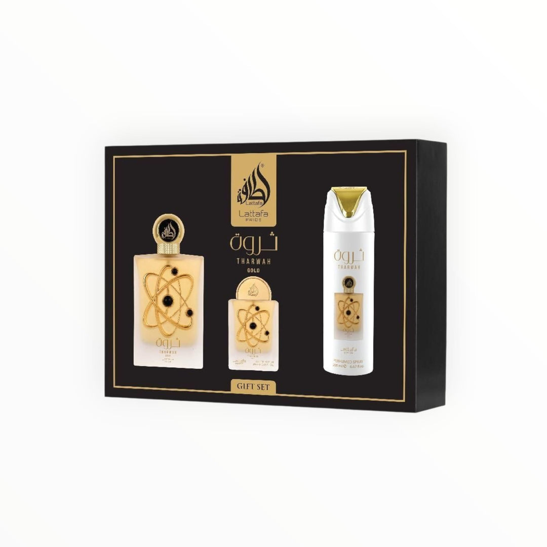 Lattafa Tharwah Gold Geschenkset – luxuriöses 3er Parfum Set mit Eau de Parfum, Travel Size & Body Spray – orientalisch, warm & elegant – Unisex Duft.

Tharwah Gold by Lattafa Pride – edles orientalisches Parfum Geschenkset mit Safran, Oud, Rose & Amber – goldener Duft für Männer & Frauen.

Lattafa Pride Tharwah Gold Set – intensiver Oud-Duft mit Amber & Leder – luxuriöses Parfum Geschenk für Liebhaber orientalischer Düfte.