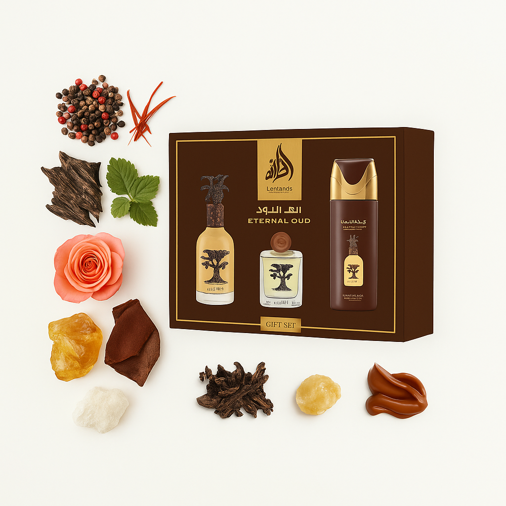 Lattafa Eternal Oud – intensiver orientalischer Parfumduft im Geschenkset – Duftnoten aus Oud, Patchouli, Rose, Amber und Vanille – luxuriös und sinnlich.

7.
Exklusives Parfum Geschenkset Eternal Oud – warmer Oud-Duft von Lattafa Pride mit würziger Eleganz – ideal für Männer mit Stil und Charakter.