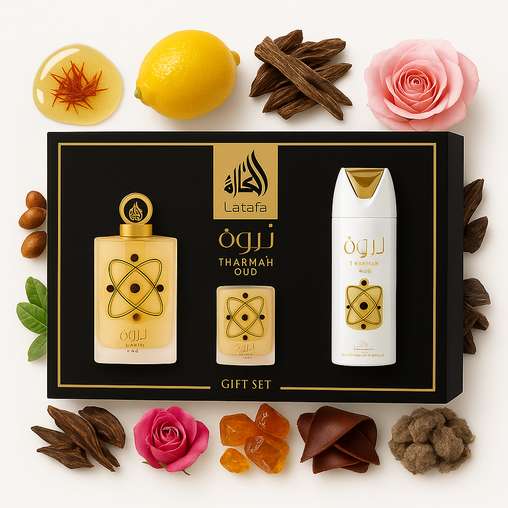 Lattafa Pride Tharwah Gold Set – intensiver Oud-Duft mit Amber & Leder – luxuriöses Parfum Geschenk für Liebhaber orientalischer Düfte.

Tharwah Gold 3er Duftset – orientalisch-warmer Unisex Duft von Lattafa – edles Geschenkset mit Parfum & Body Spray – exklusiv bei Leon Absolute.

Lattafa Pride Tharwah Gold – luxuriöses Parfum Geschenkset mit Oud, Safran und Moschus – goldener orientalischer Duft – 3-teiliges Set.