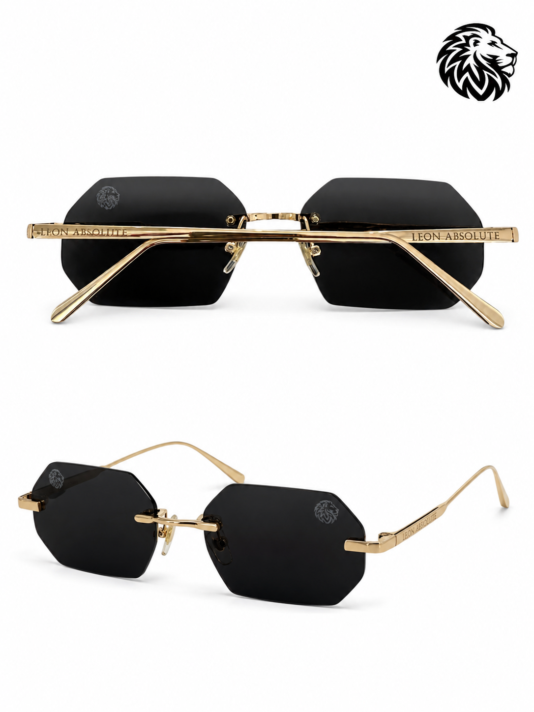 Leon Absolute Luxus Sonnenbrille Schwarz Gold – randlose Designer Sonnenbrille mit schwarzen Gläsern und UV400 Schutz