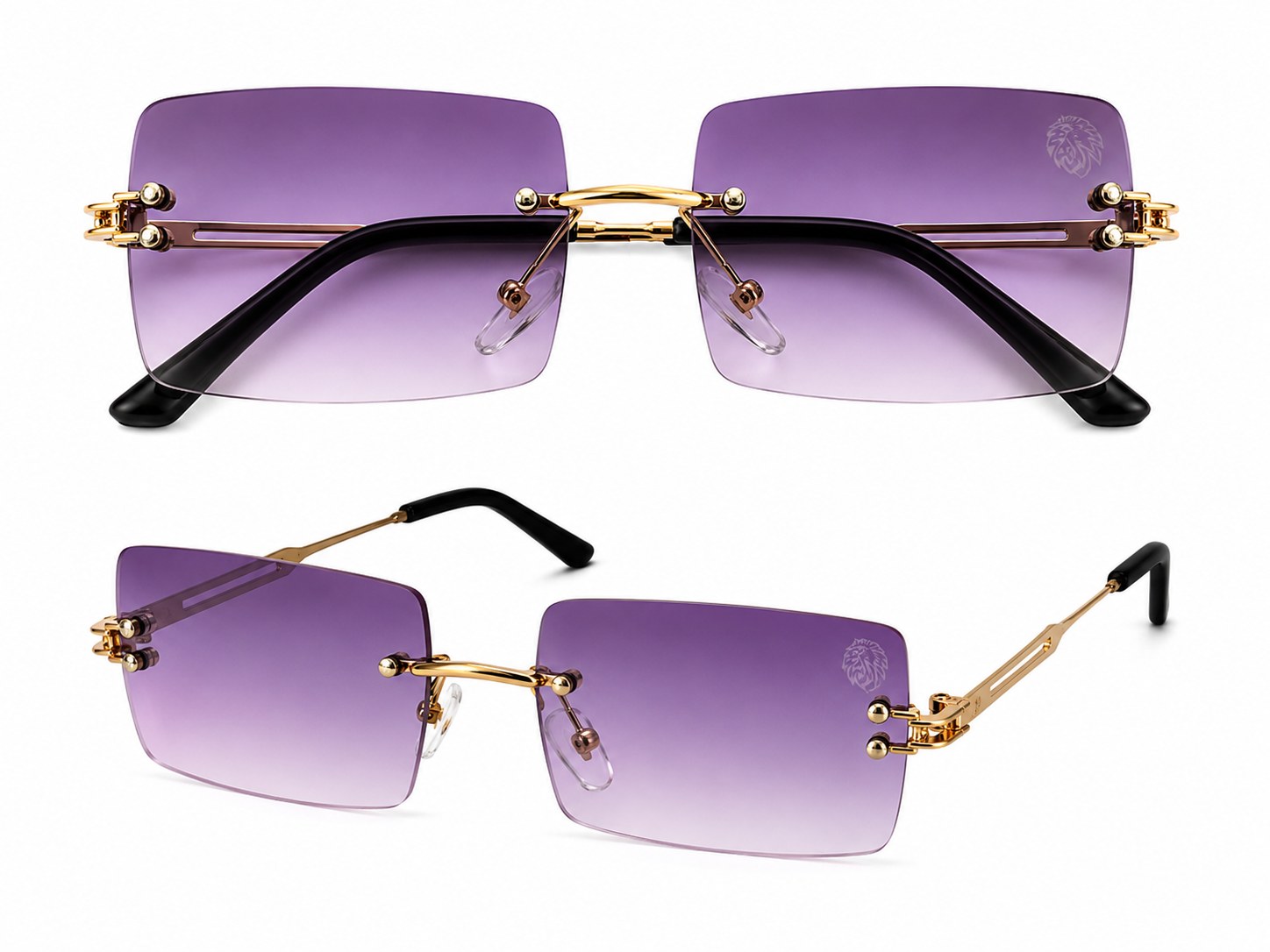Leon Absolute Retro Sonnenbrille Lila kaufen – hochwertige randlose Designer Sonnenbrille mit violetten Verlaufsgläsern, goldenen Details und luxuriösem Retro Style. Moderne Fashion Sonnenbrille für Herren und Damen mit UV400 Schutz, elegantem Vintage Design und exklusivem Löwen Logo. Ideal für Sommer Outfits, Streetwear, Festival Looks und luxuriöse Fashion Styles.