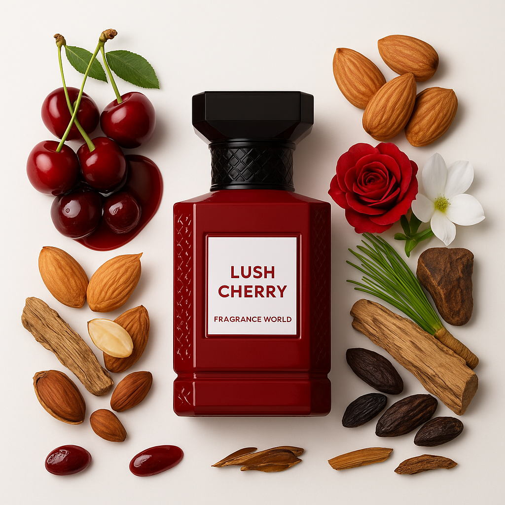 FRAGRANCE WORLD Lush Cherry Eau de Parfum 80 ml – luxuriöser Kirschduft mit Noten von Kirschlikör, Bittermandel und Tonkabohne – orientalisch süßes Parfum für Damen und Herren

Lush Cherry Parfum 80 ml von Fragrance World – verführerischer Duft mit Kirsche, Rose und Sandelholz – inspiriert von sinnlicher Eleganz und orientalischer Wärme

Eleganter Duft Lush Cherry – Eau de Parfum mit Kirschsirup, türkischer Rose und Jasmin Sambac – intensiver, fruchtig-süßer Unisex-Duft von Fragrance World