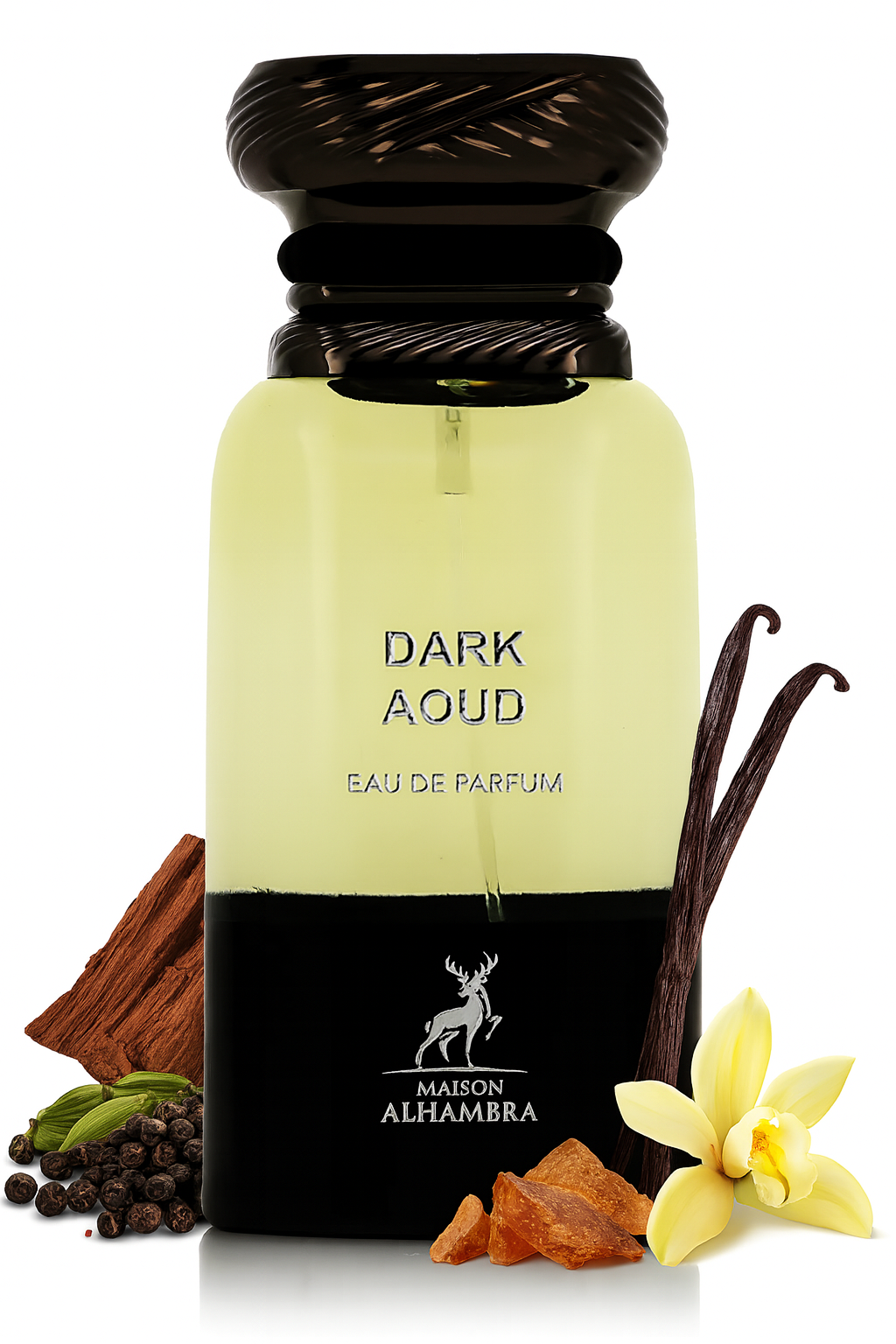 Maison Alhambra Dark Aoud Parfum Flasche Vorderansicht – intensiver Oud Duft mit holzig-würzigem Charakter für Männer alternative OudWood, günstige alternative 