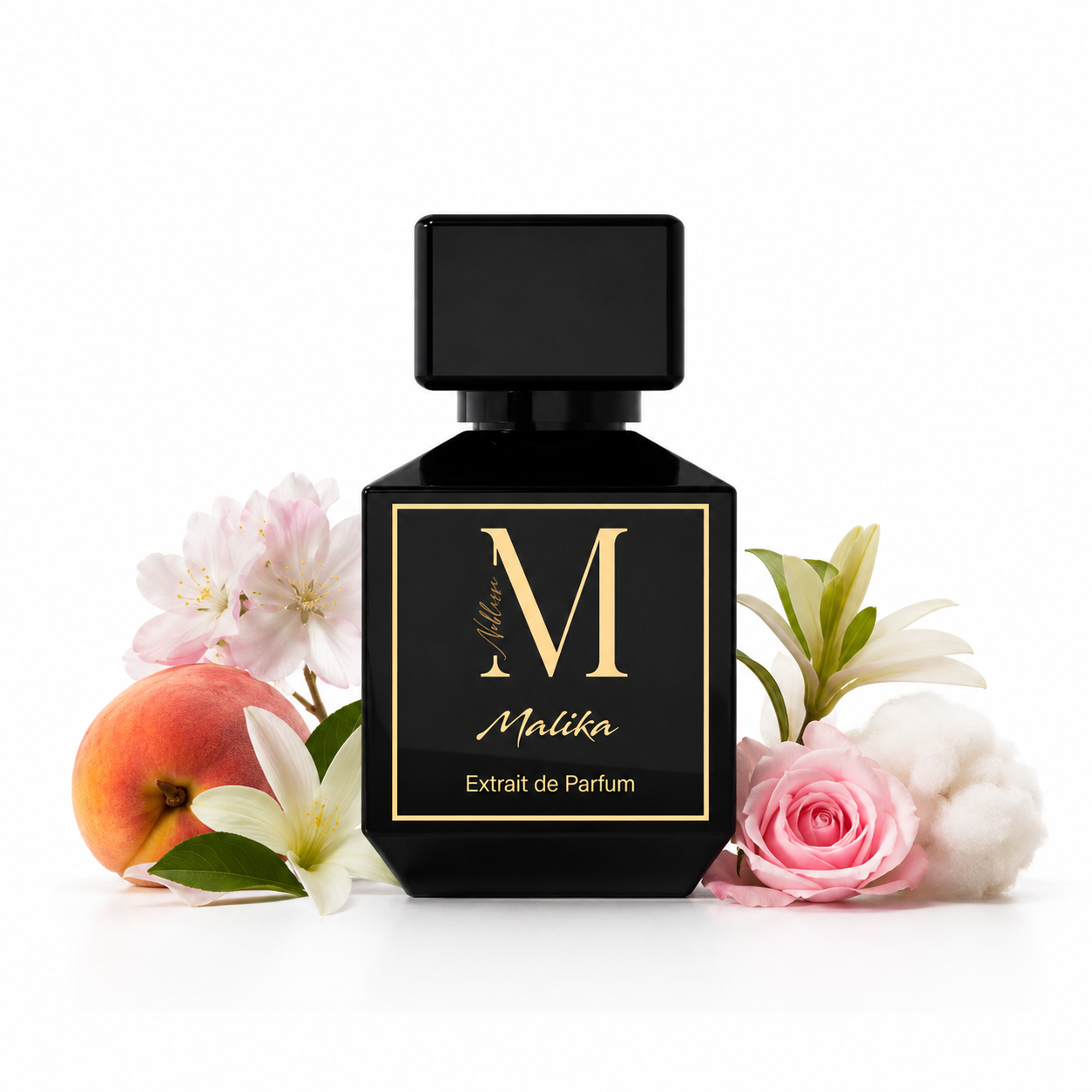 ruchtig floraler Duft mit intensiver Haltbarkeit, hochwertiger Extrait de Parfum Konzentration und elegantem schwarzem Luxus Flakon mit goldenen Details. Maison Noblesse Malika Duft für Damen