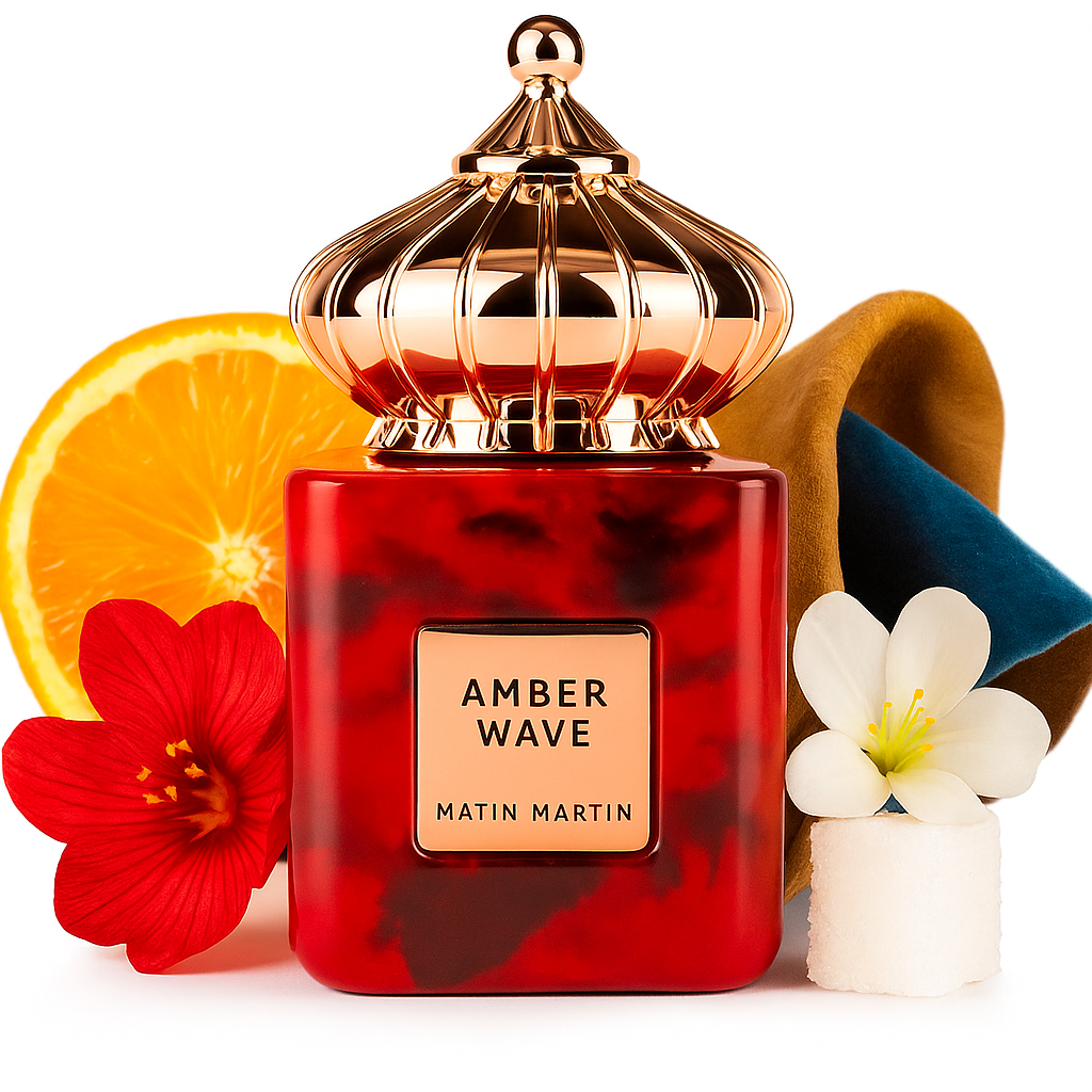 „Amer Wave von Matin Martin – 100-ml-Unisex-Parfum im elegant gestalteten Flakon, Duftprofil aus Orange und Safran im Auftakt, florale Jasmin-Wildleder-Zucker-Herznote und warme Basis aus Amber, Ambroxan und Leder. Moderner, sinnlicher Nischenduft.“