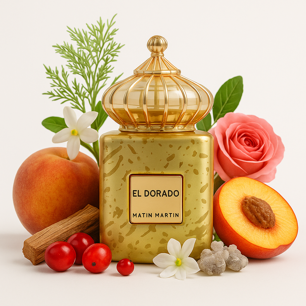 „Flatlay des Matin Martin El Dorado Eau de Parfum 100 ml – moderner, fruchtig-floraler Nischenduft mit Fenchel, roten Früchten, Jasmin, Osmanthus, Pfirsich, Moschus und Sandelholz.“