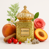 „Flatlay des Matin Martin El Dorado Eau de Parfum 100 ml – moderner, fruchtig-floraler Nischenduft mit Fenchel, roten Früchten, Jasmin, Osmanthus, Pfirsich, Moschus und Sandelholz.“