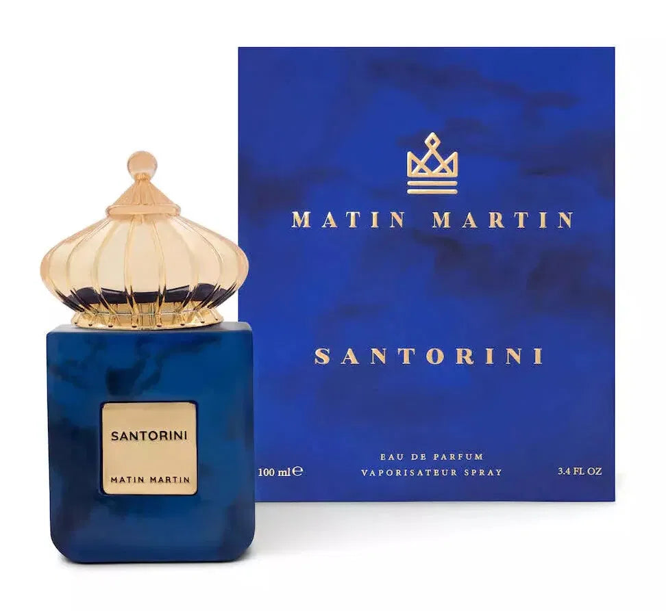 „Santorini von Matin Martin – 100-ml-Unisex-Parfum mit zitrischer Frische, ozonischen Akkorden, blumigen Noten und warmer Ambra-Moschus-Basis. Moderner Sommerduft.“