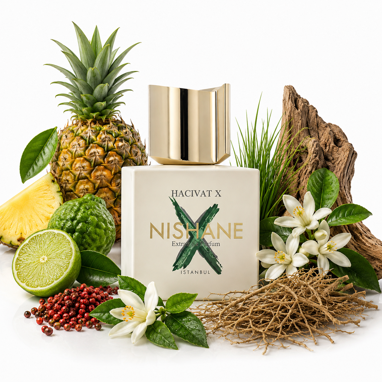 Luxuriöser Nishane Hacivat X Extrait de Parfum 50 ml mit frischen Zitrusnoten, Ananas und holziger Basis.
Nishane Hacivat X Nischenduft 50 ml mit Bergamotte, rosa Pfeffer, Orangenblüte und Patchouli in hochwertiger Produktfotografie