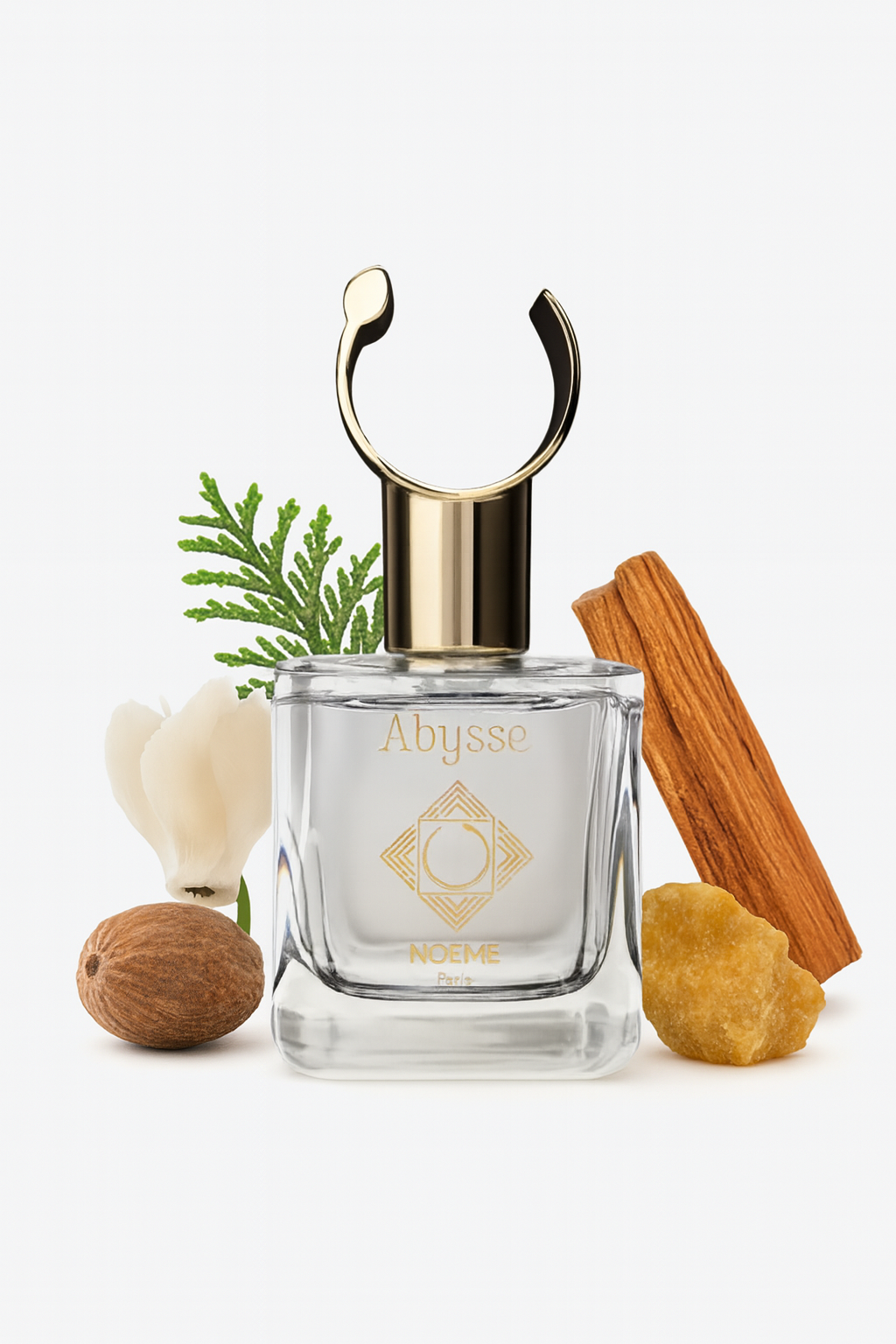 „Noéme Abysse Duftpyramide – Kopfnote Davana, Muskatnuss, Timbersilk; Herznote Alpenveilchen, Weißdorn, Zeder; Basisnote Moschus, Patschuli, Sandelholz – exklusiver holzig-salziger Signature-Duft.“