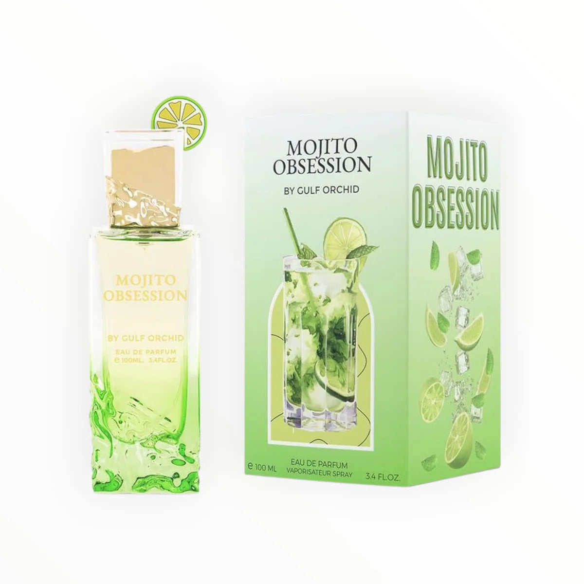 Gulf Orchid Mojito Obsession Eau de Parfum 100 ml – zitrisch-würziger Unisex-Duft mit Zitrone, Minze, Kardamom und Amber. Frischer, eleganter Duft aus der Kollektion 2025 von Gulf Orchid, inspiriert vom Mojito-Cocktail. Moderner Glasflakon in hochwertigem Design mit markanter Duftfarbe.