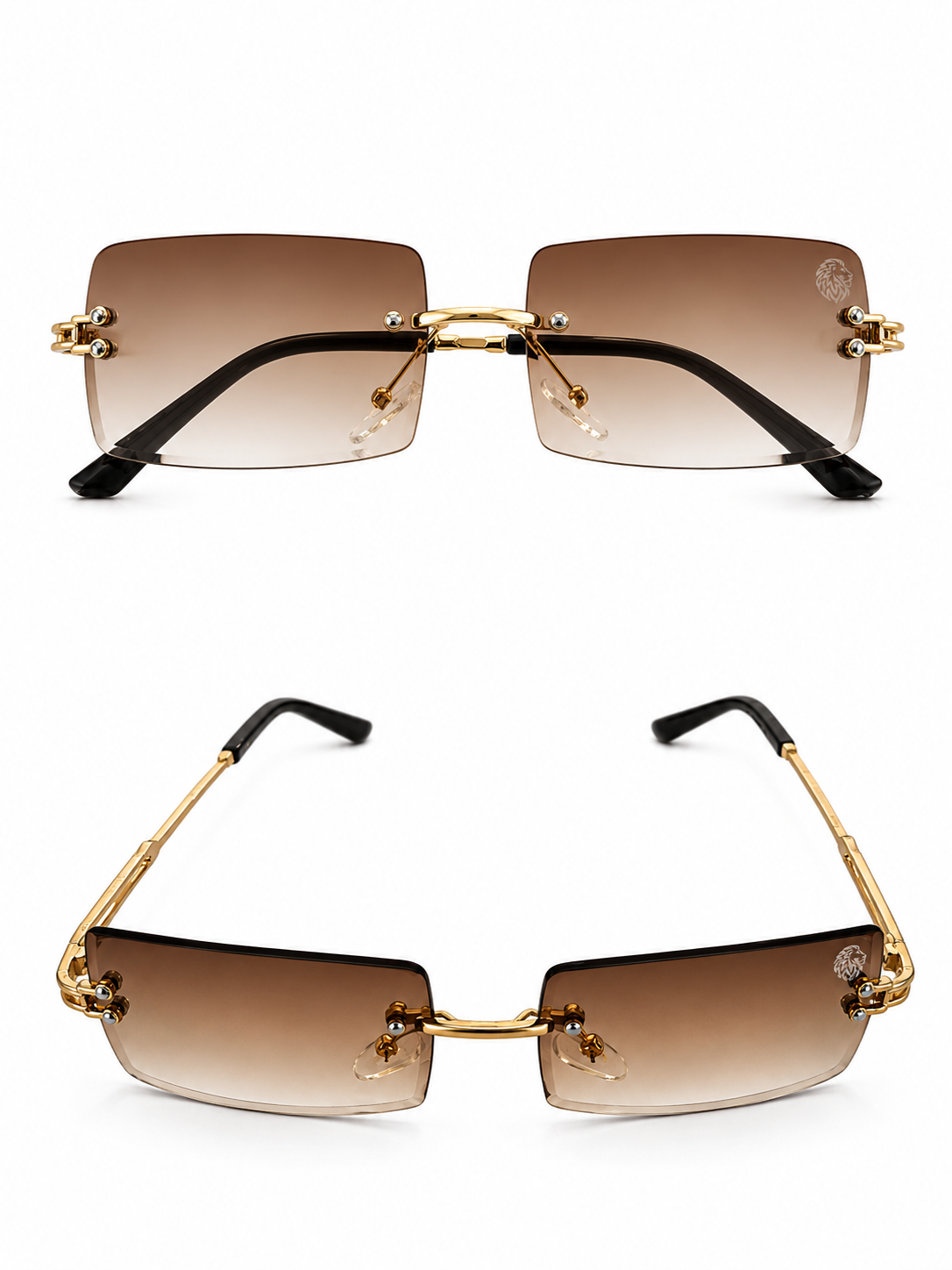 Leon Absolute Retro Sonnenbrille Braun Gold kaufen – elegante randlose Designer Sonnenbrille mit braunen Verlaufsgläsern, goldenen Details und modernem Vintage Look. Exklusive Luxus Sonnenbrille im Retro Stil für Herren und Damen mit UV400 Schutz, hochwertiger Verarbeitung und auffälligem Fashion Design. Perfekt für Sommer, Streetwear, Old Money Looks und luxuriöse Outfits.