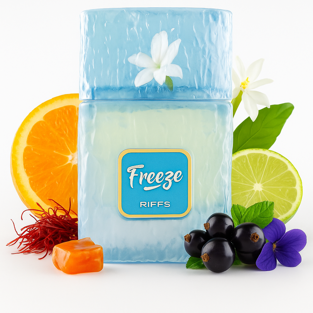 Riffs Freeze Extrait de Parfum – intensiver Fresh Duft, zitrische Kopfnote, florales Herz, moschus-holzige Basis – 100ml Flakon

Riffs Freeze – aquatisch-zitrischer Duft, moderne Clean-Signatur mit Amber, Moos und Jasmin – Studioaufnahme 100ml