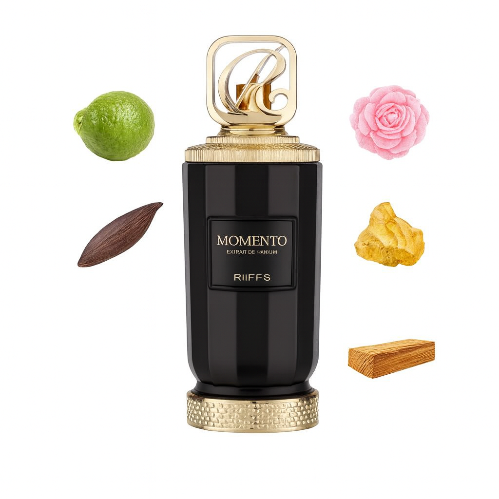 Riffs Momento Parfum 100 ml in edler Verpackung – stilvolle schwarze Duftbox mit silbernen Akzenten. Orientalisch-holziger Extrait de Parfum Duft mit hoher Konzentration, perfekt als luxuriöses Geschenk.