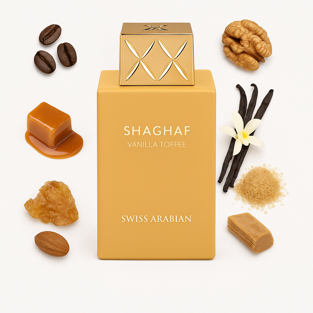 Swiss Arabian Shaghaf Vanilla Toffee Eau de Parfum 75 ml – süß-gourmandiger Duft mit Vanille, Toffee und Arabica-Kaffee – luxuriöses orientalisches Parfum für Damen und Herren

Shaghaf Vanilla Toffee Parfum 75 ml – cremiger Duft mit Madagaskar-Vanillekaviar, braunem Zucker und Tonkabohne – eleganter warmer Gourmand-Duft von Swiss Arabian

Swiss Arabian Shaghaf Vanilla Toffee – Eau de Parfum mit Noten von Toffee, Kaffee und Dattelmich – süß, orientalisch und verführerisch für Männer und Frauen