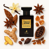 Grafische Duftnoten-Darstellung von Volare Tabaco Incense – zeigt Hauptnoten Vanille, Tabak, Kakao, Tonkabohne, Ingwer, getrocknete Früchte und Harze. Visualisierung der orientalisch-gourmand Duftrichtung – süß, würzig, rauchig, elegant.