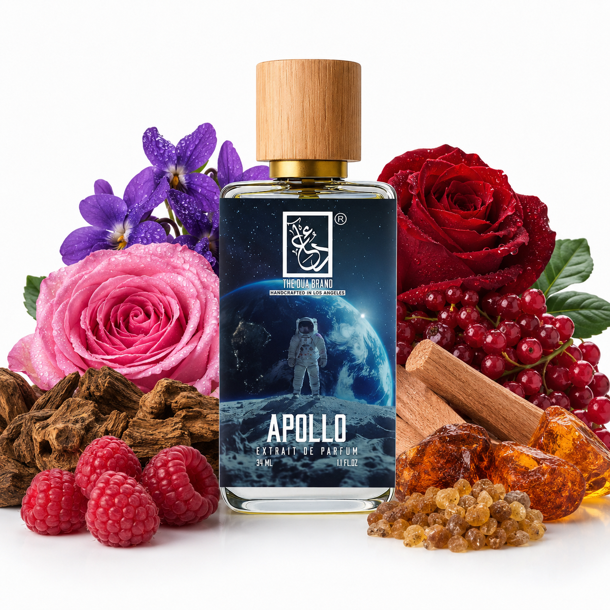 The Dua Brand Apollo Extrait de Parfum 34 ml – exklusiver Herrenduft mit edlem Adlerholz (Oud), sinnlicher Rose, fruchtiger Himbeere und warmem Amber in hochwertigem Flakon.