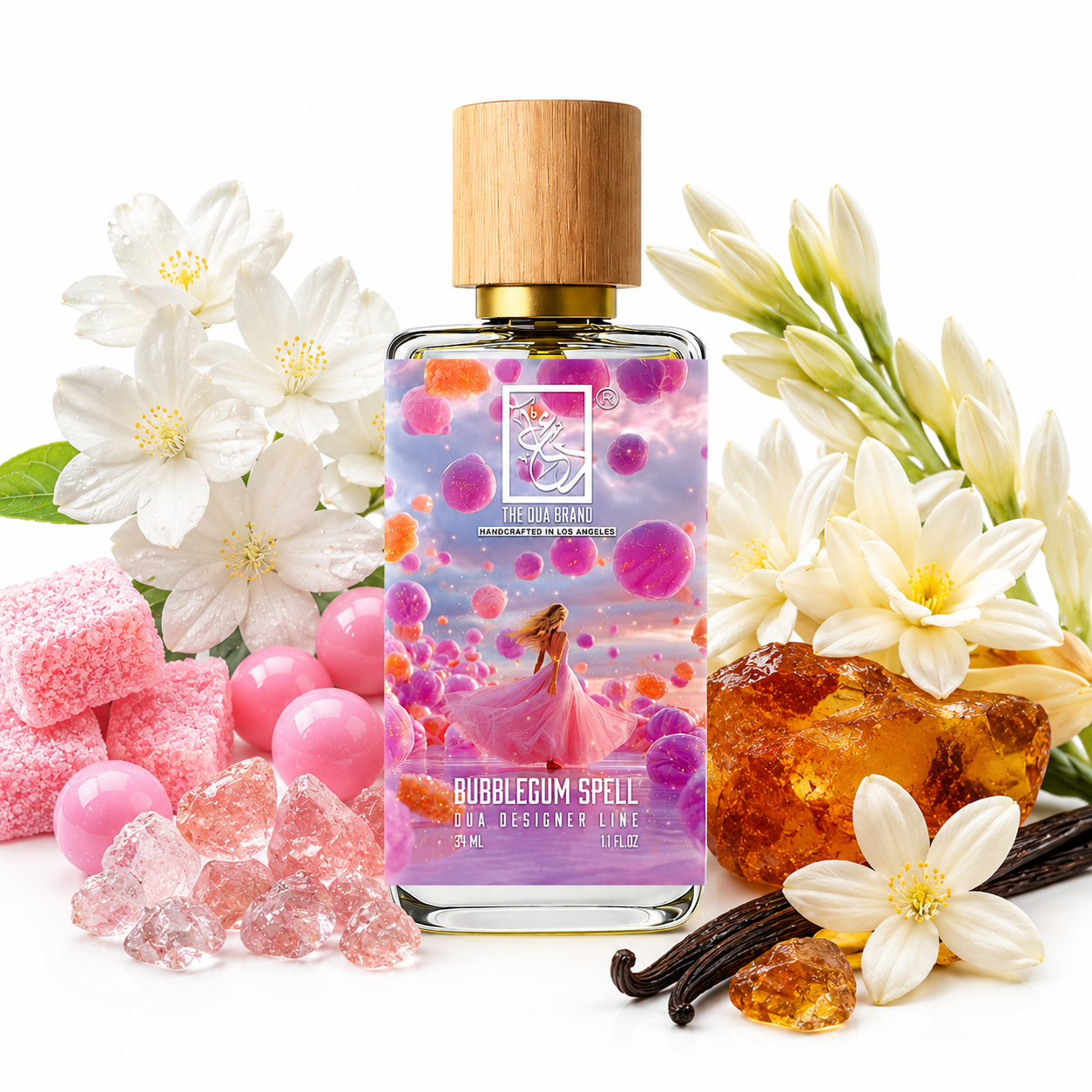The Dua Brand Bubble Gum Spell Extrait de Parfum 34 ml – exklusives Gourmand-Parfum mit süßem Kaugummi-Akkord, weißen Blüten, warmer Amber-Basis und langanhaltender Extrait-de-Parfum-Konzentration.