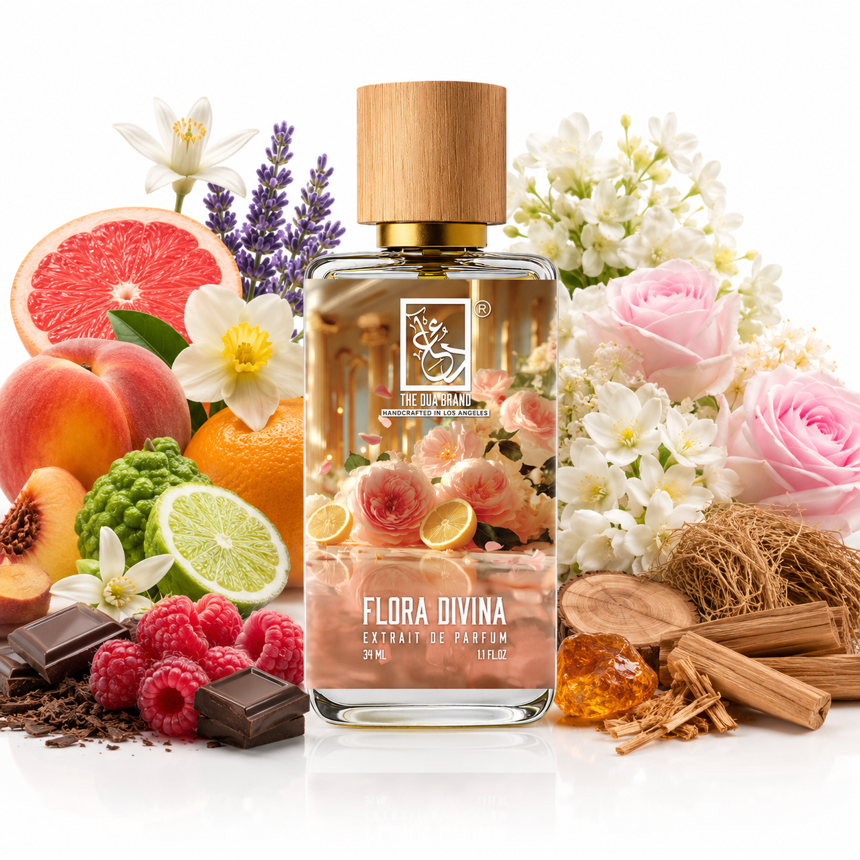 The Dua Brand Flora Divina Duftflakon – luxuriöser Damenduft mit Rose und Jasmin Sambac

The Dua Brand Flora Divina 34 ml kaufen – fruchtige Frische trifft auf warme Gourmand-Noten

The Dua Brand Flora Divina Extrait – Pfirsich, Himbeere und Ambra in perfekter Harmonie

The Dua Brand Flora Divina kaufen bei Leon Absolute – exklusiver Extrait de Parfum für Damen