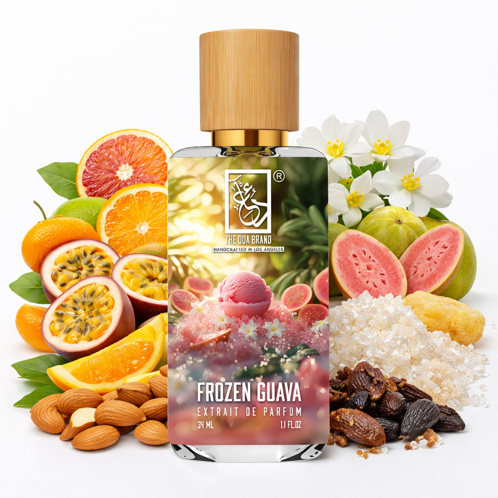 Nahaufnahme von Frozen Guava Parfum von The Dua Brand – exotischer Duft mit Guave, Bergamotte, Mandarine und cremiger Vanille Basis