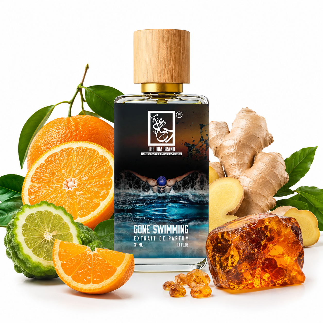 Vorderansicht von The Dua Brand Gone Swimming Extrait de Parfum 34 ml – hochwertiger Nischenduft mit frischem Meerescharakter, ozonischen Akkorden, Zitrusfrüchten, Moschus und eleganten Holznoten.