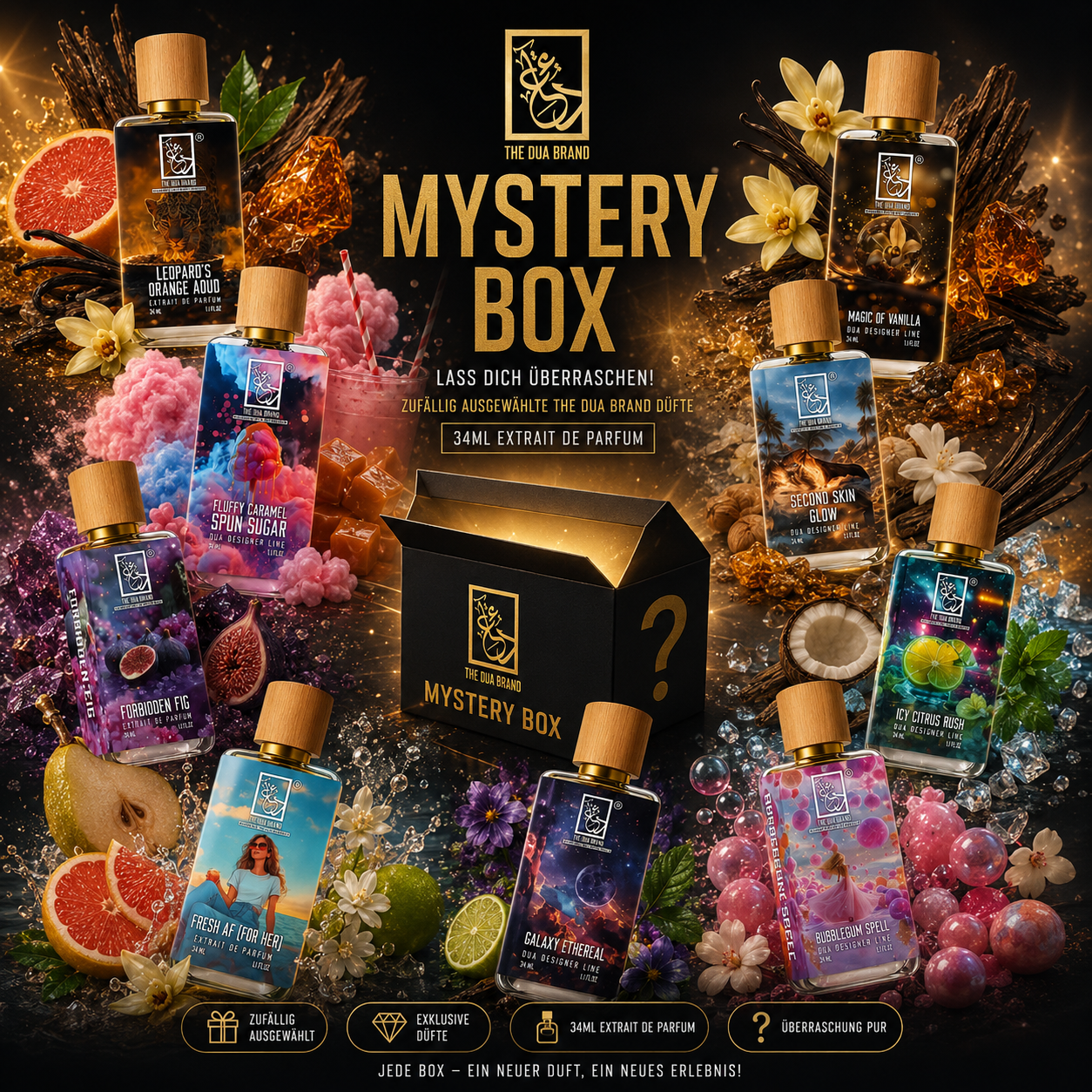 The Dua Brand Mystery Box mit einem zufälligen Nischenparfum
Parfum Mystery Box mit The Dua Brand 34 ml Duft
The Dua Brand Überraschungsbox mit exklusivem Extrait de Parfum