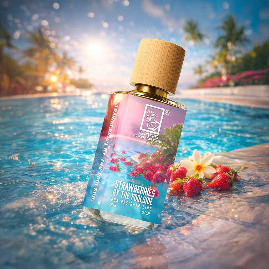 Originalflakon The Dua Brand Strawberries By the Poolside Extrait de Parfum 34 ml – exklusiver Duft mit Erdbeeren, Pool-Akkord, Ambergris, Ambrette-Samen und Sonnencreme-Akkord.