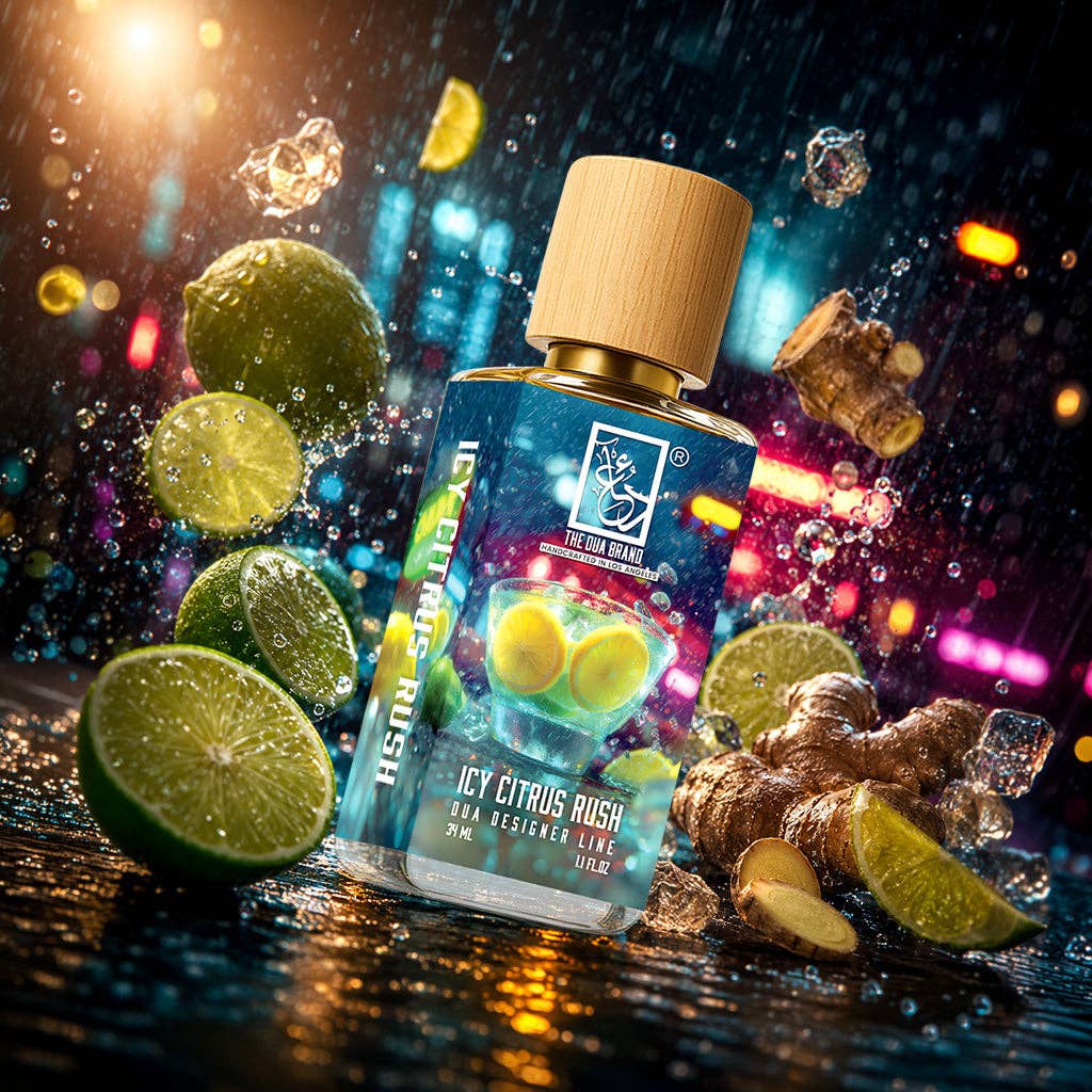 Detailaufnahme des The Dua Brand Icy Citrus Rush Extrait de Parfum – frischer Sommerduft mit Limettenessenz, aromatischem Ingwer und sauberem Ambroxan für Damen und Herren.