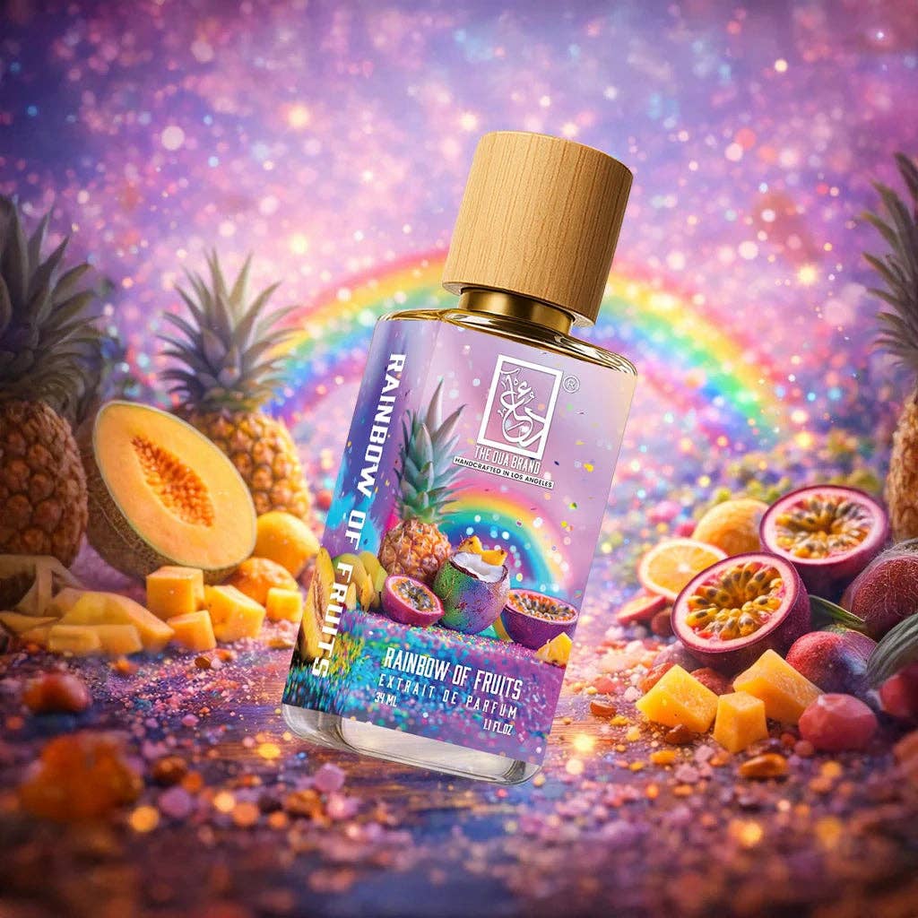 Detailaufnahme des The Dua Brand Rainbow Of Fruits Extrait de Parfum – exklusiver Unisex-Duft mit Kokosnuss, tropischen Früchten, cremiger Vanille und warmem Zedernholz für Frühling und Sommer.