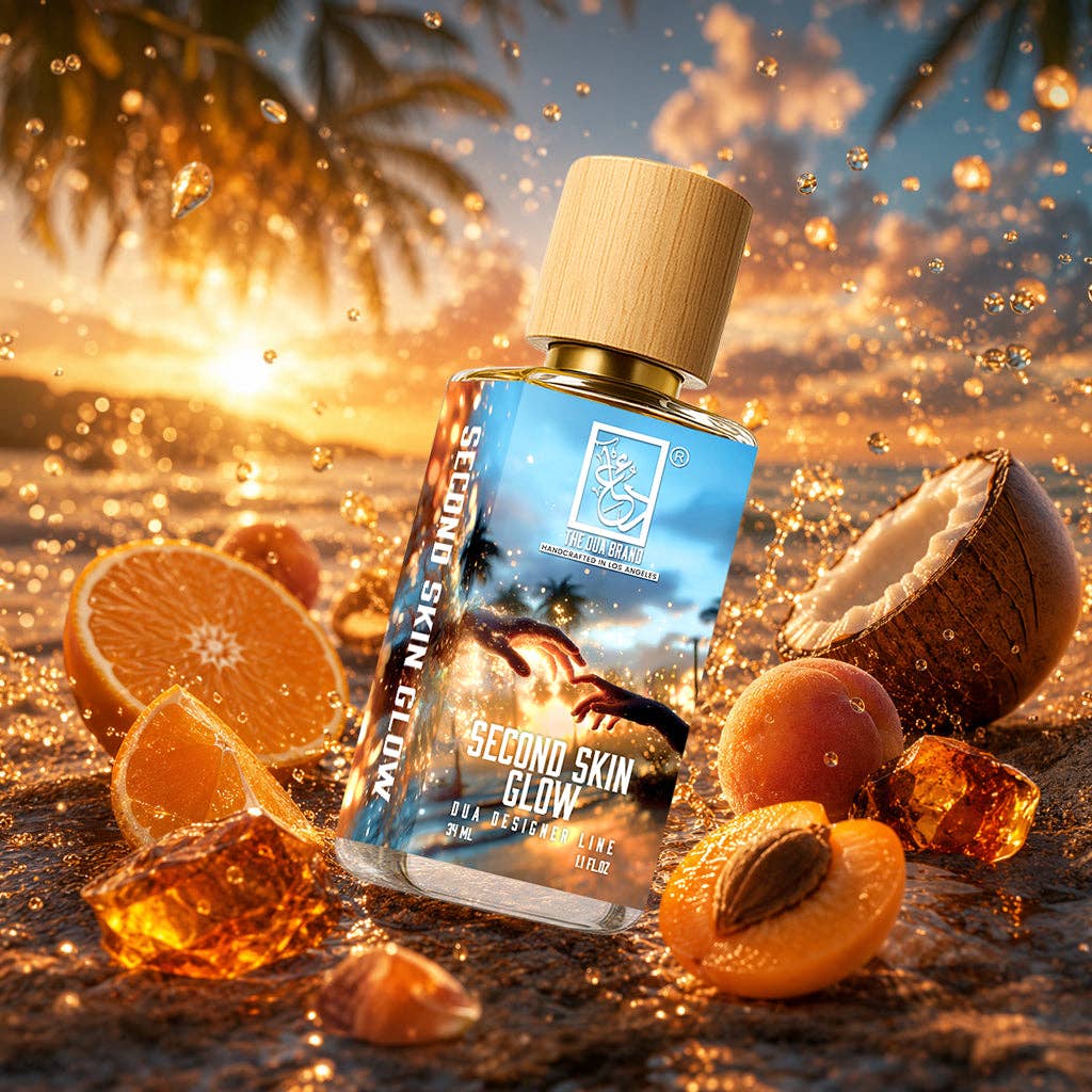 Detailaufnahme des The Dua Brand Second Skin Glow Extrait de Parfum – moderner Clean-Skin-Duft mit Zitrusfrüchten, Aprikose, Kokosnuss, Lavender Milk und Ambrette.