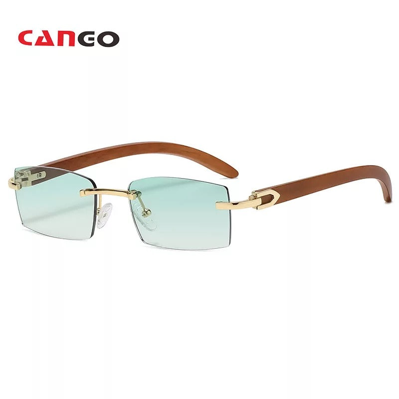 SCHICK UND NEUARTIG: Transparente rechteckige sonnenbrille mit randlosen rahmen und eine getönte linse. Die randlosen linsen werden mit transparenten bonbonfarben mit farbverlauf für einen einfachen, aber raffinierten look kombiniert. Metallscharniere sind mit bügeln mit einzigartiger holzmaserung verbunden, Nicht rutschendes Nasenpad - ausgewähltes hochwertiges importiertes weiches Silikonmaterial, um ein Verrutschen der Brille 